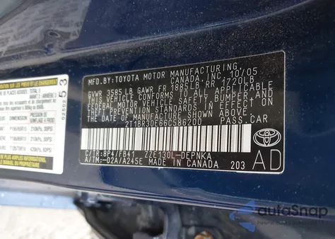 2006 Toyota Corolla Le из США, поврежденный, VIN 2T1BR30E66C586200